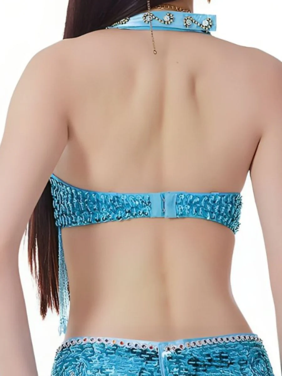 Sexy Belly Dancewear Halter Sequins Tassel Sleeveless Bra with Rhinestone & Beading - Image 6