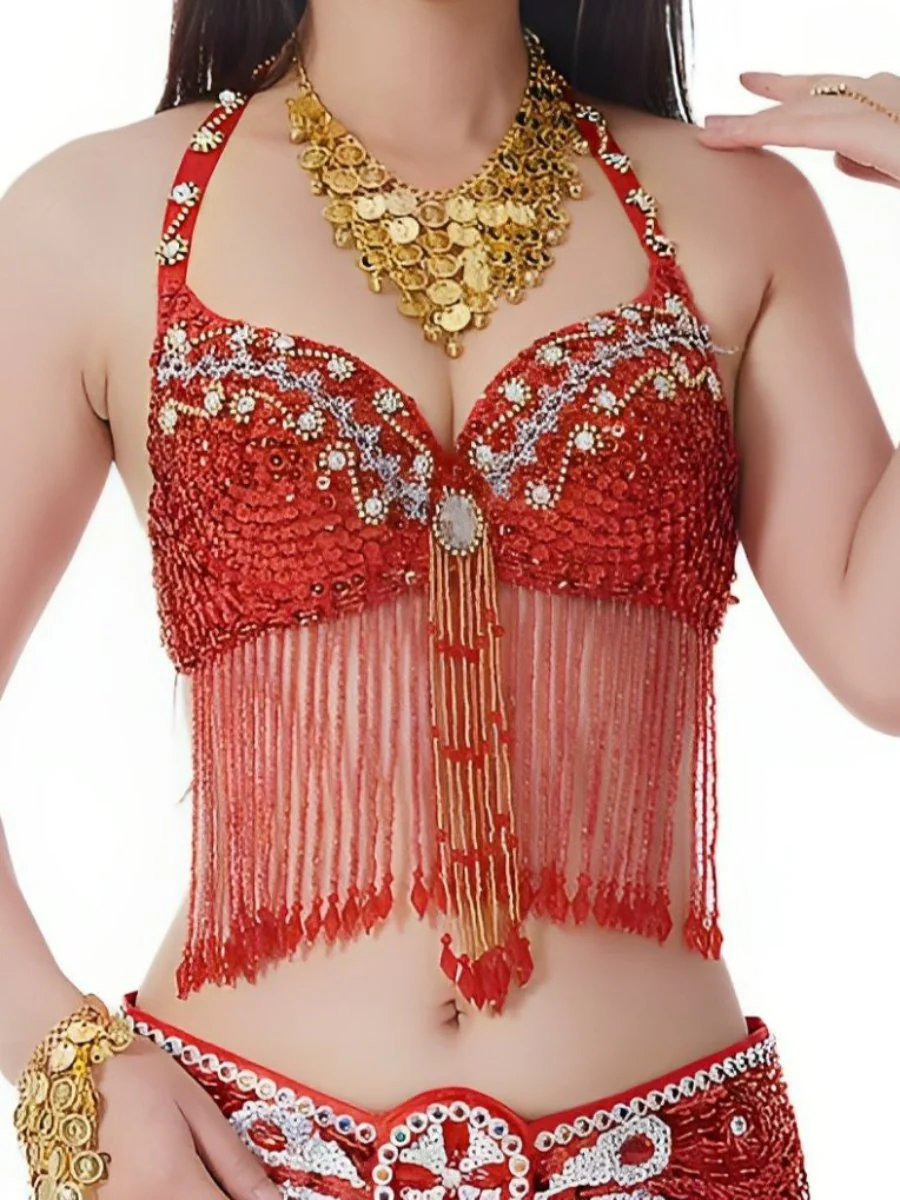 Sexy Belly Dancewear Halter Sequins Tassel Sleeveless Bra with Rhinestone & Beading - Image 7
