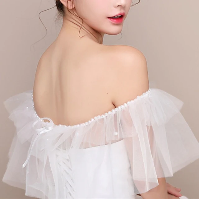 Shawls Women's Wrap Bridal's Wraps Elegant Romantic Sleeveless Tulle Wedding Wraps With Faux Pearl - Image 3