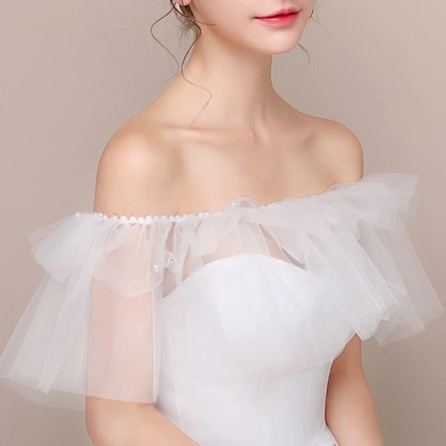 Shawls Women's Wrap Bridal's Wraps Elegant Romantic Sleeveless Tulle Wedding Wraps With Faux Pearl - Image 4