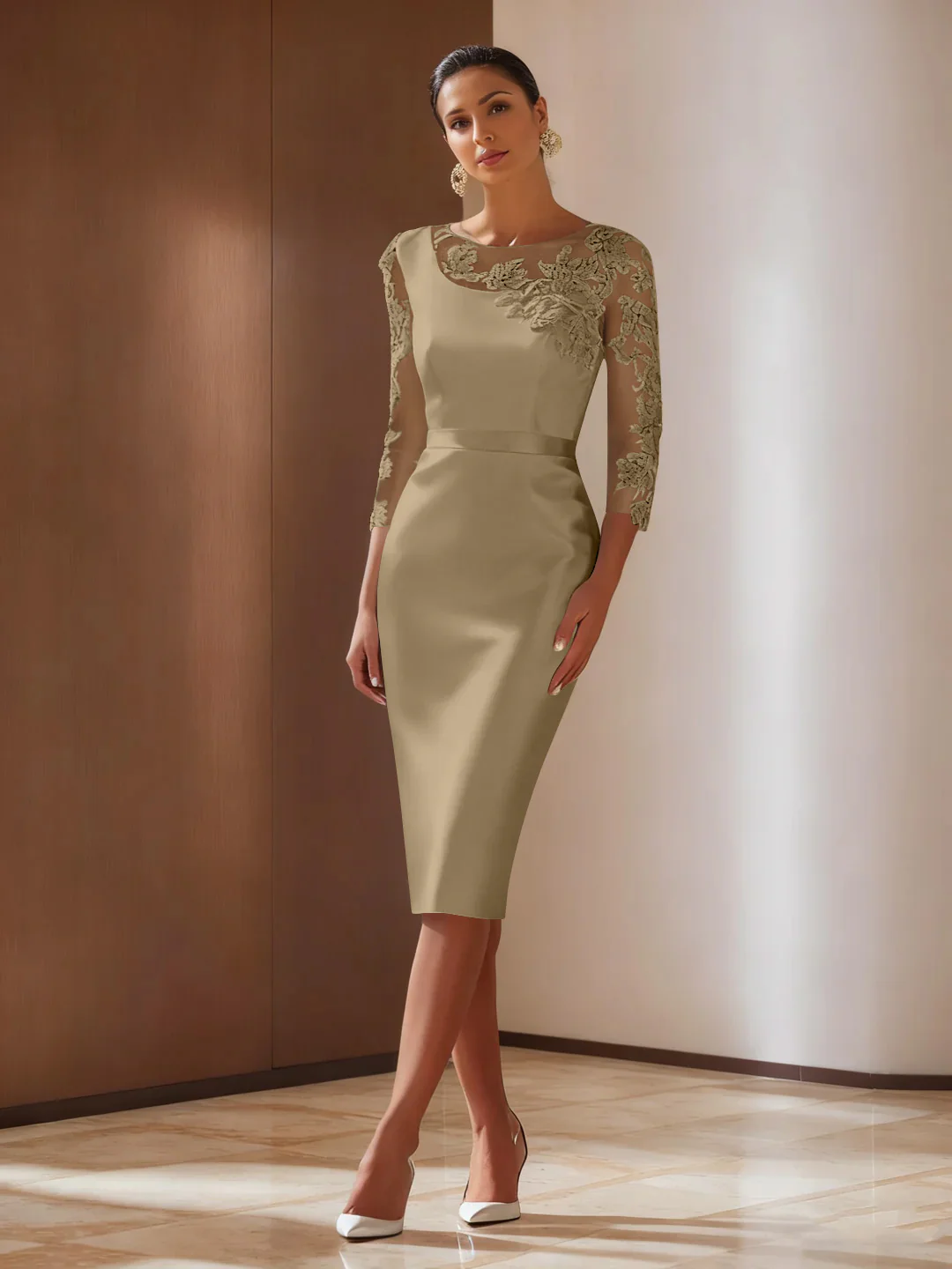 Sheath/Column 3/4 Sleeves Knee-Length Cocktail Dresses Appliqued Scoop - Image 10