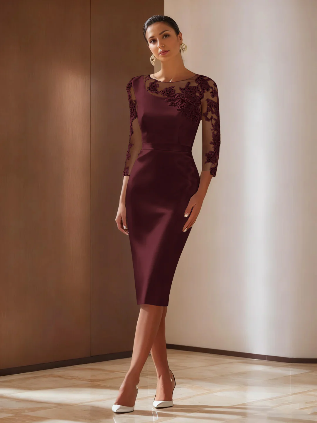 Sheath/Column 3/4 Sleeves Knee-Length Cocktail Dresses Appliqued Scoop - Image 13