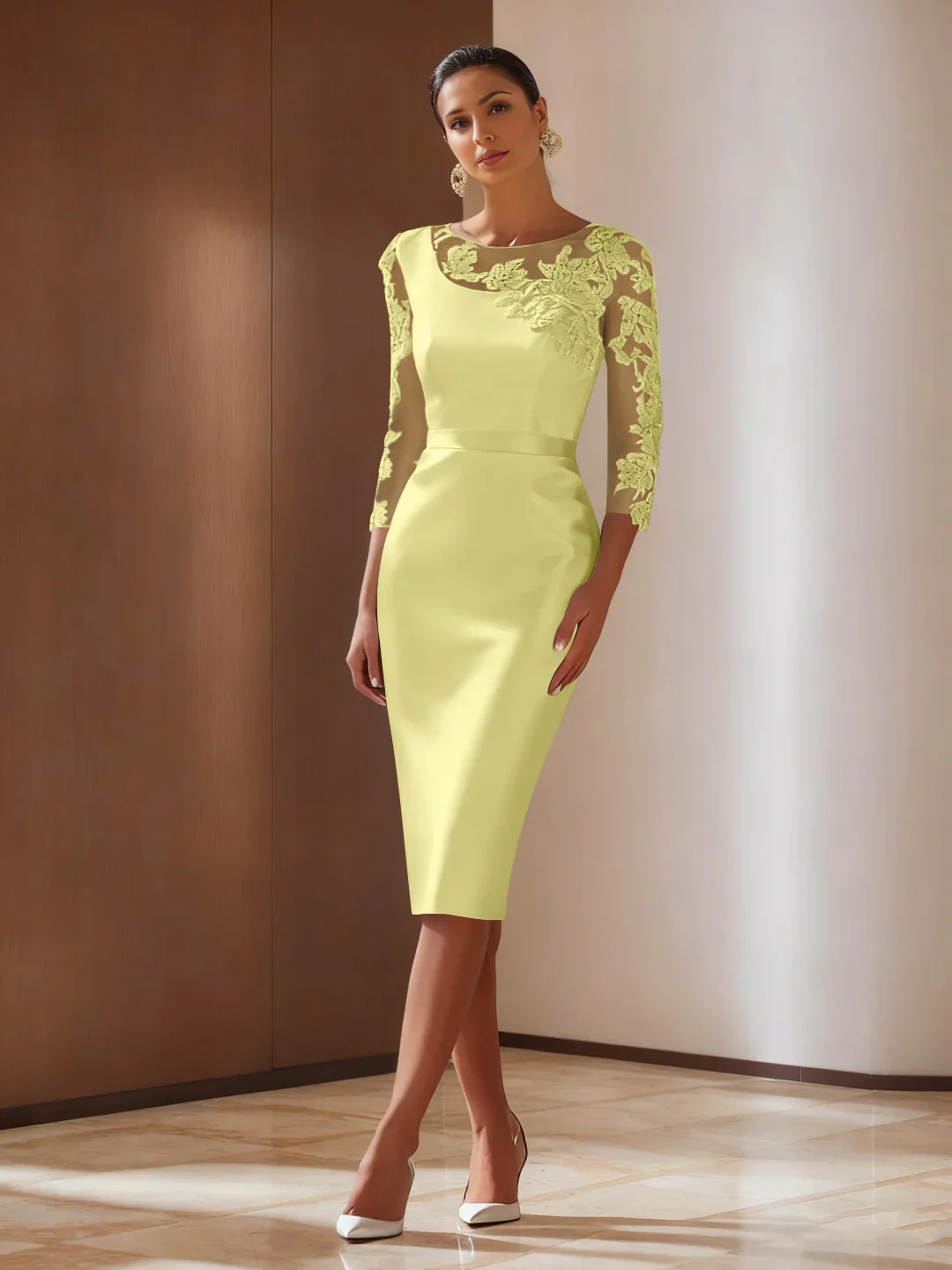 Sheath/Column 3/4 Sleeves Knee-Length Cocktail Dresses Appliqued Scoop - Image 15