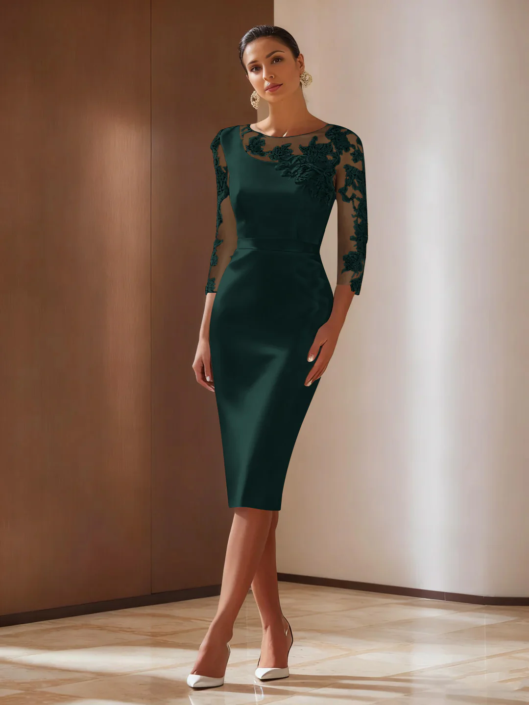 Sheath/Column 3/4 Sleeves Knee-Length Cocktail Dresses Appliqued Scoop - Image 16