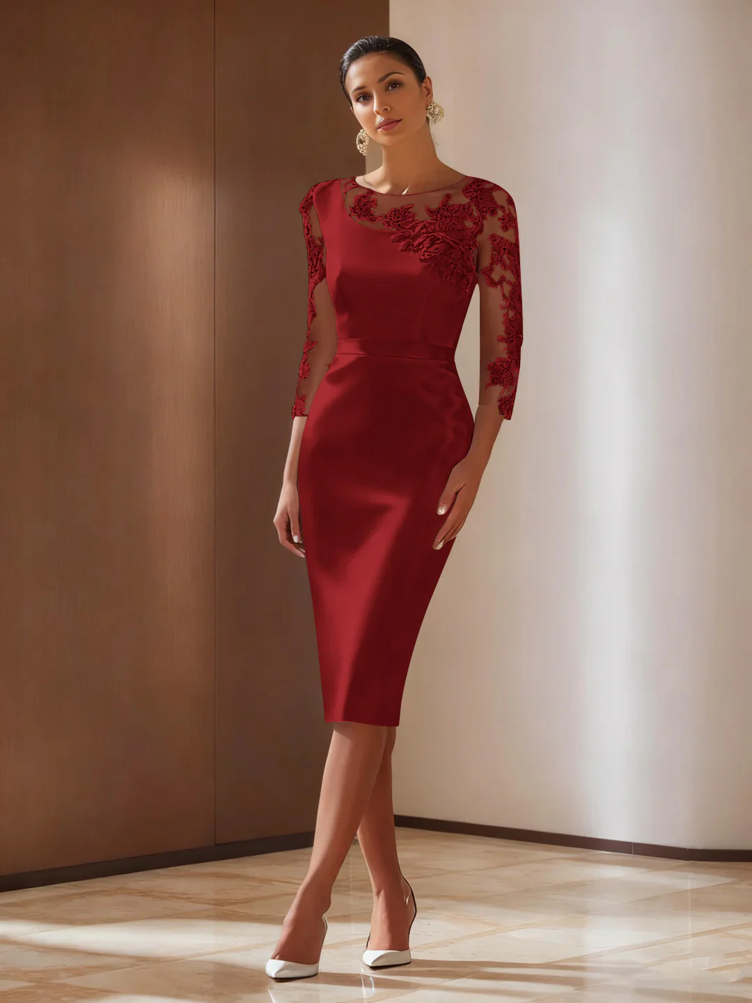 Sheath/Column 3/4 Sleeves Knee-Length Cocktail Dresses Appliqued Scoop - Image 18