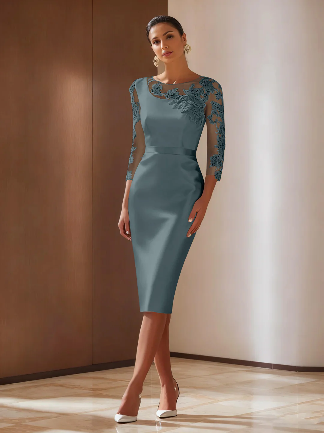 Sheath/Column 3/4 Sleeves Knee-Length Cocktail Dresses Appliqued Scoop - Image 21