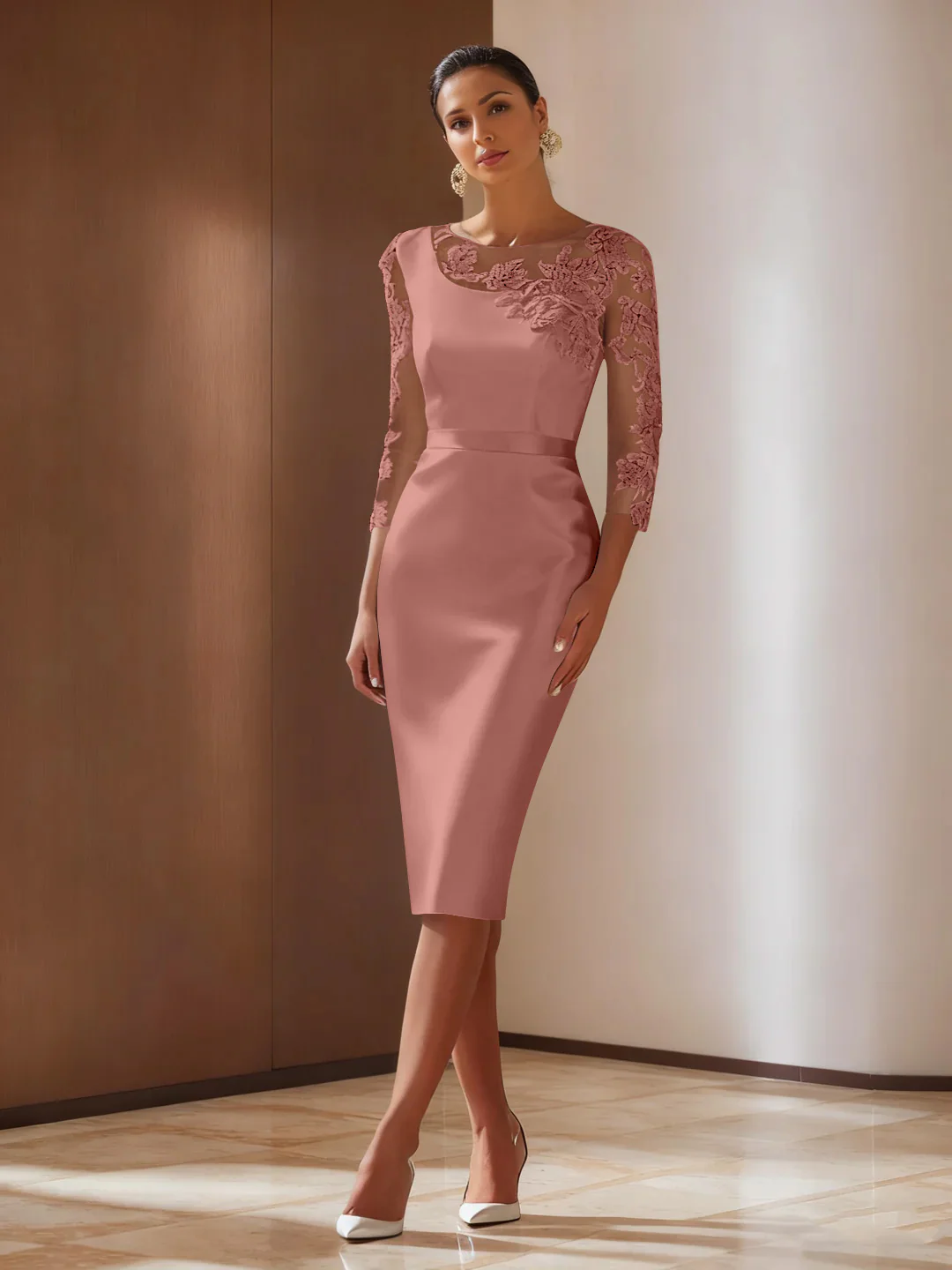 Sheath/Column 3/4 Sleeves Knee-Length Cocktail Dresses Appliqued Scoop - Image 22