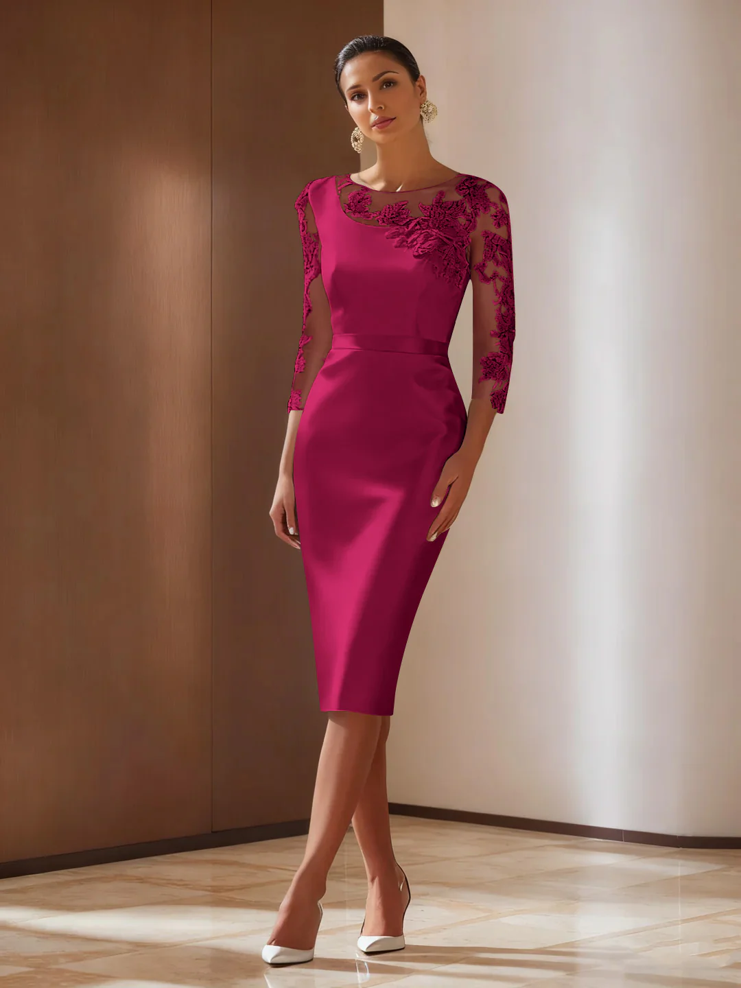 Sheath/Column 3/4 Sleeves Knee-Length Cocktail Dresses Appliqued Scoop - Image 23