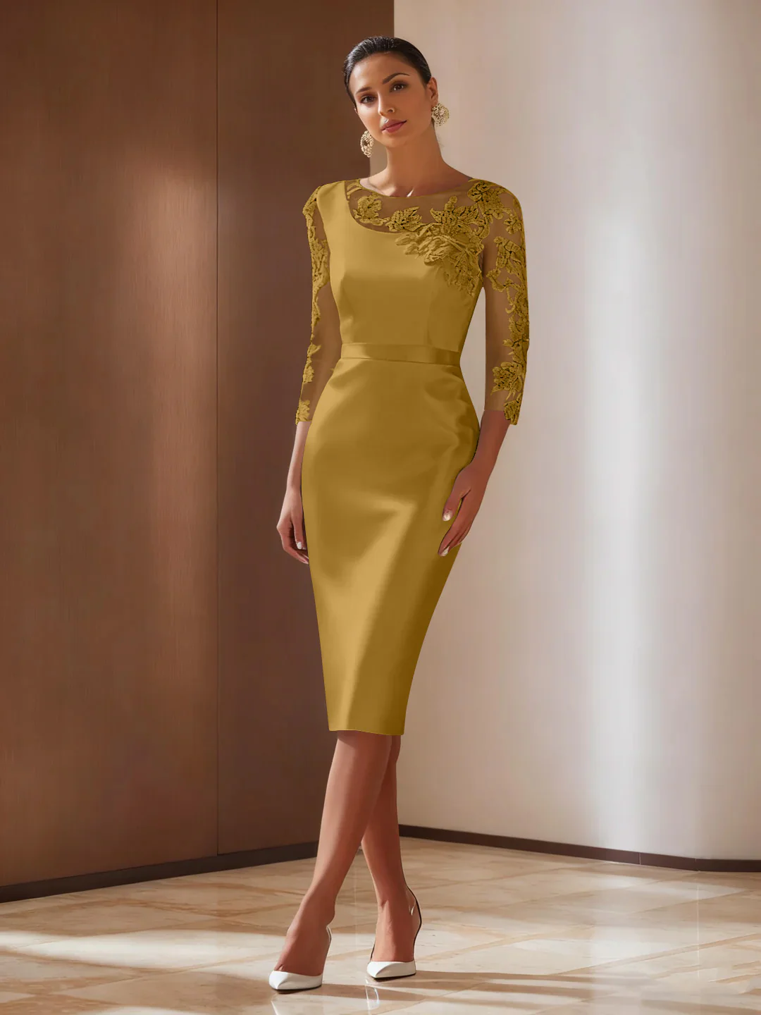 Sheath/Column 3/4 Sleeves Knee-Length Cocktail Dresses Appliqued Scoop - Image 24