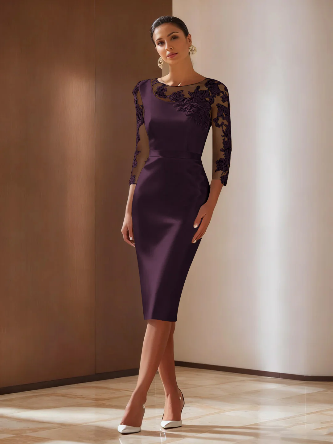 Sheath/Column 3/4 Sleeves Knee-Length Cocktail Dresses Appliqued Scoop - Image 25