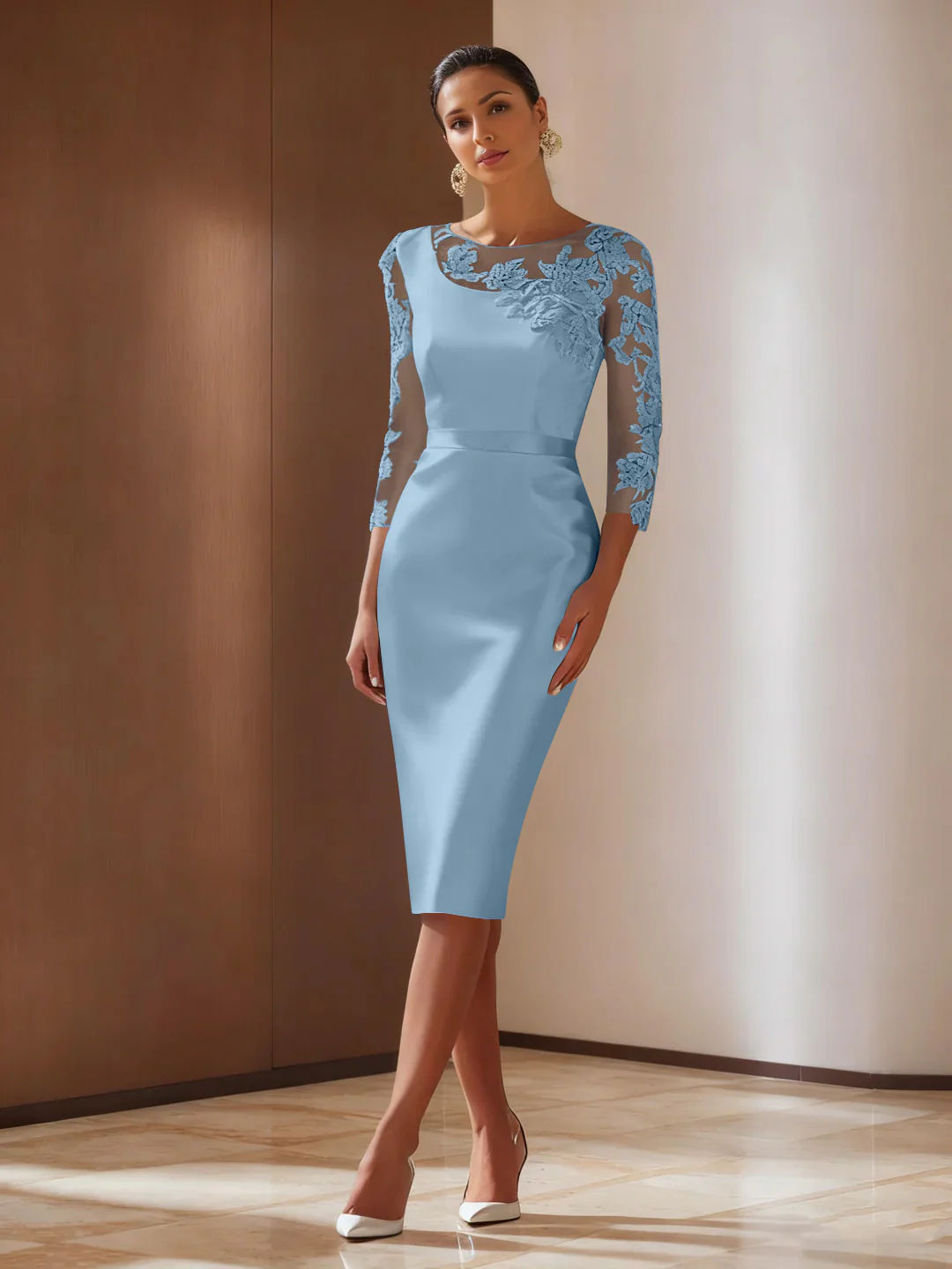 Sheath/Column 3/4 Sleeves Knee-Length Cocktail Dresses Appliqued Scoop - Image 30