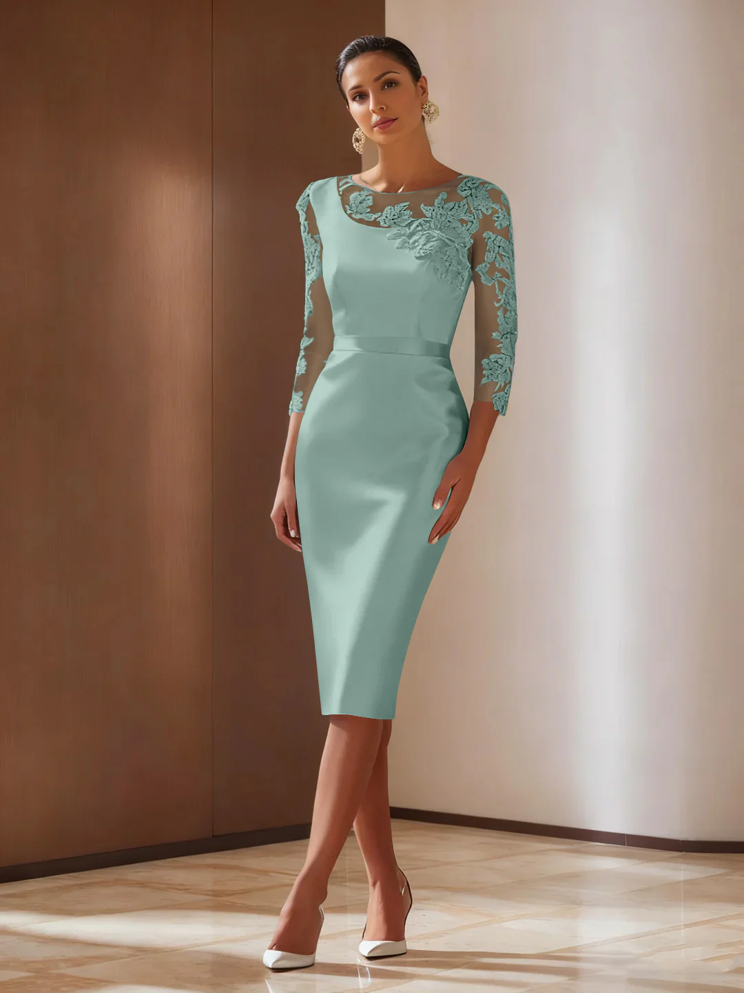 Sheath/Column 3/4 Sleeves Knee-Length Cocktail Dresses Appliqued Scoop - Image 32