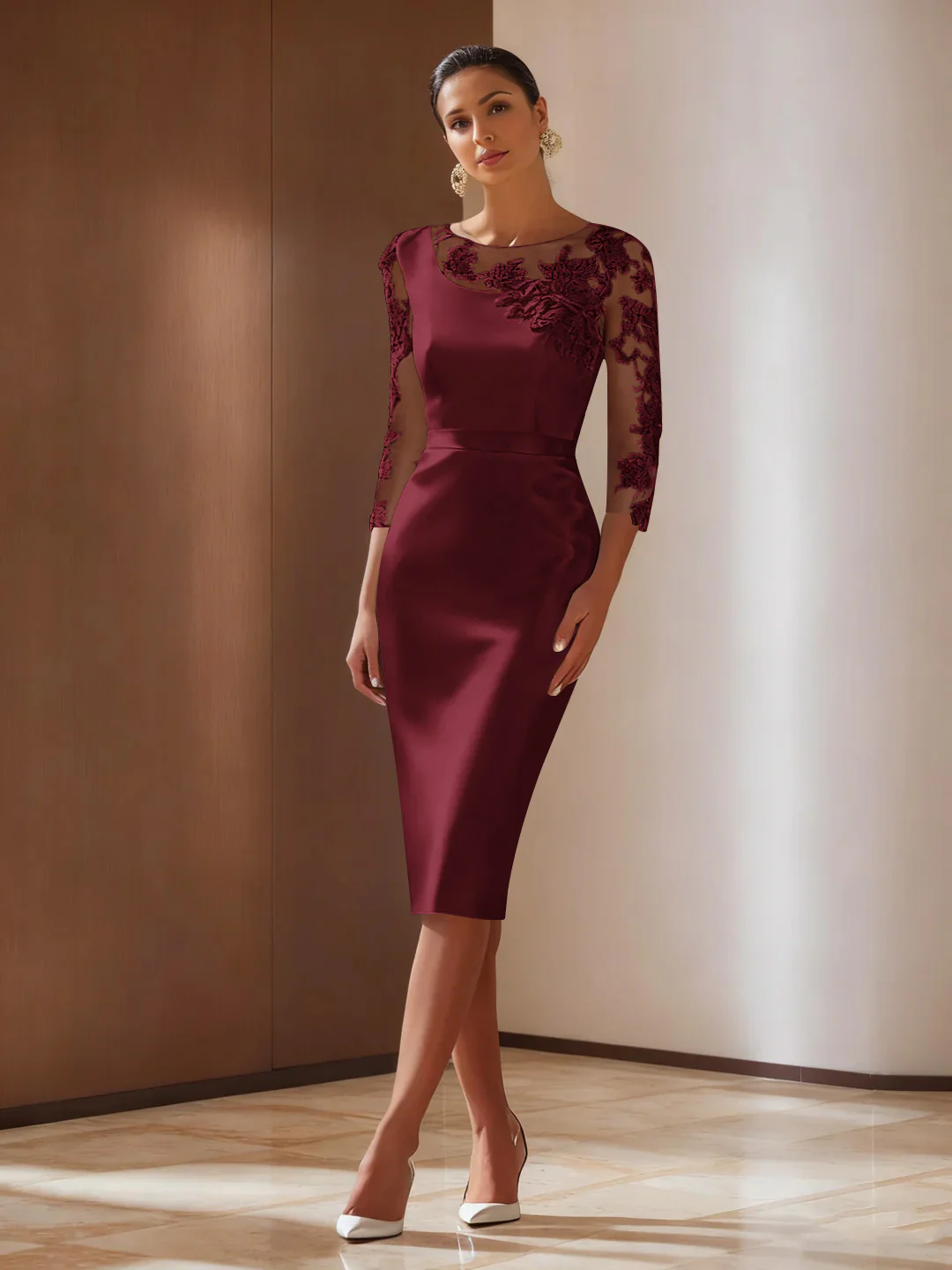 Sheath/Column 3/4 Sleeves Knee-Length Cocktail Dresses Appliqued Scoop - Image 33