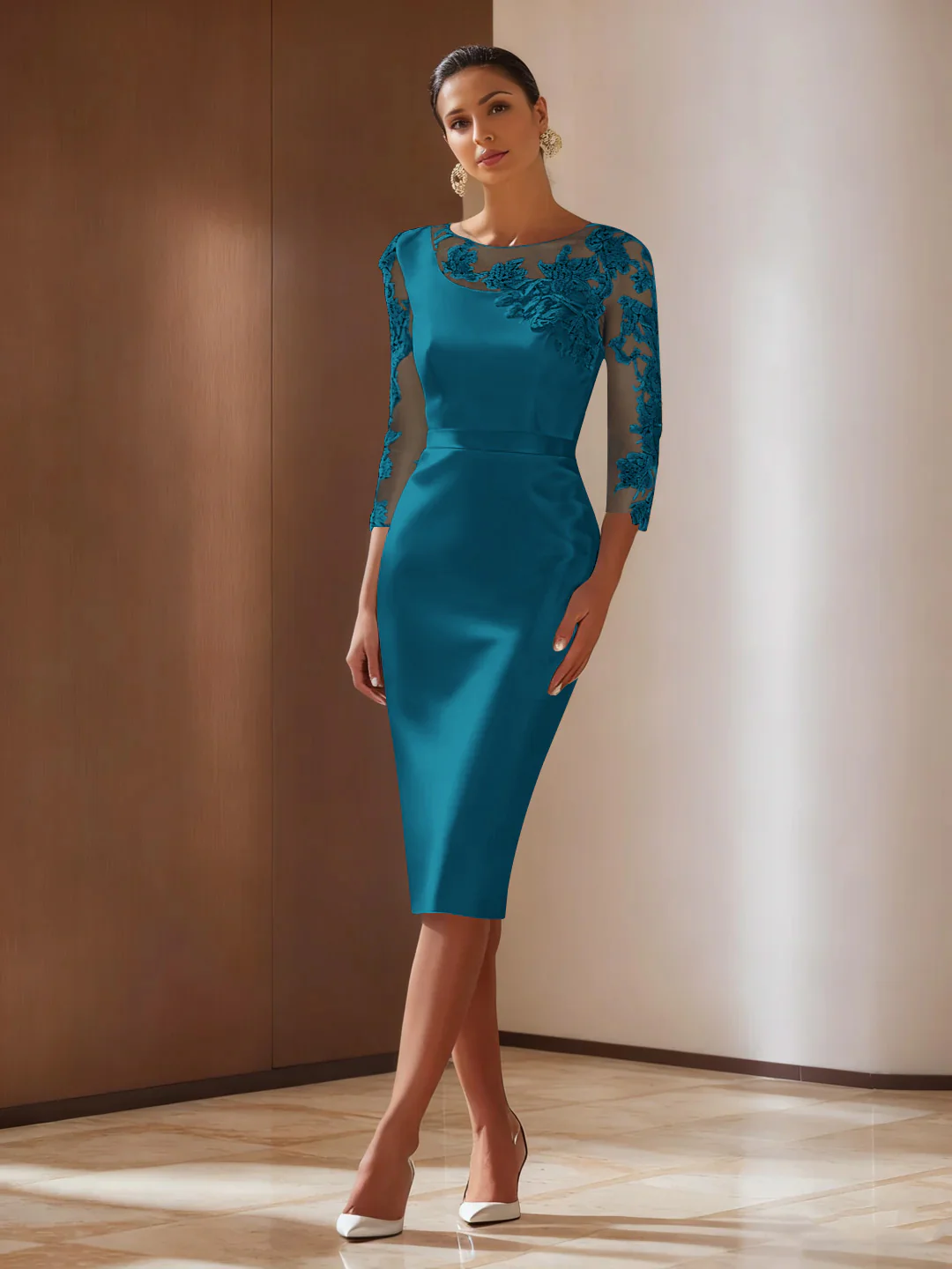 Sheath/Column 3/4 Sleeves Knee-Length Cocktail Dresses Appliqued Scoop - Image 34