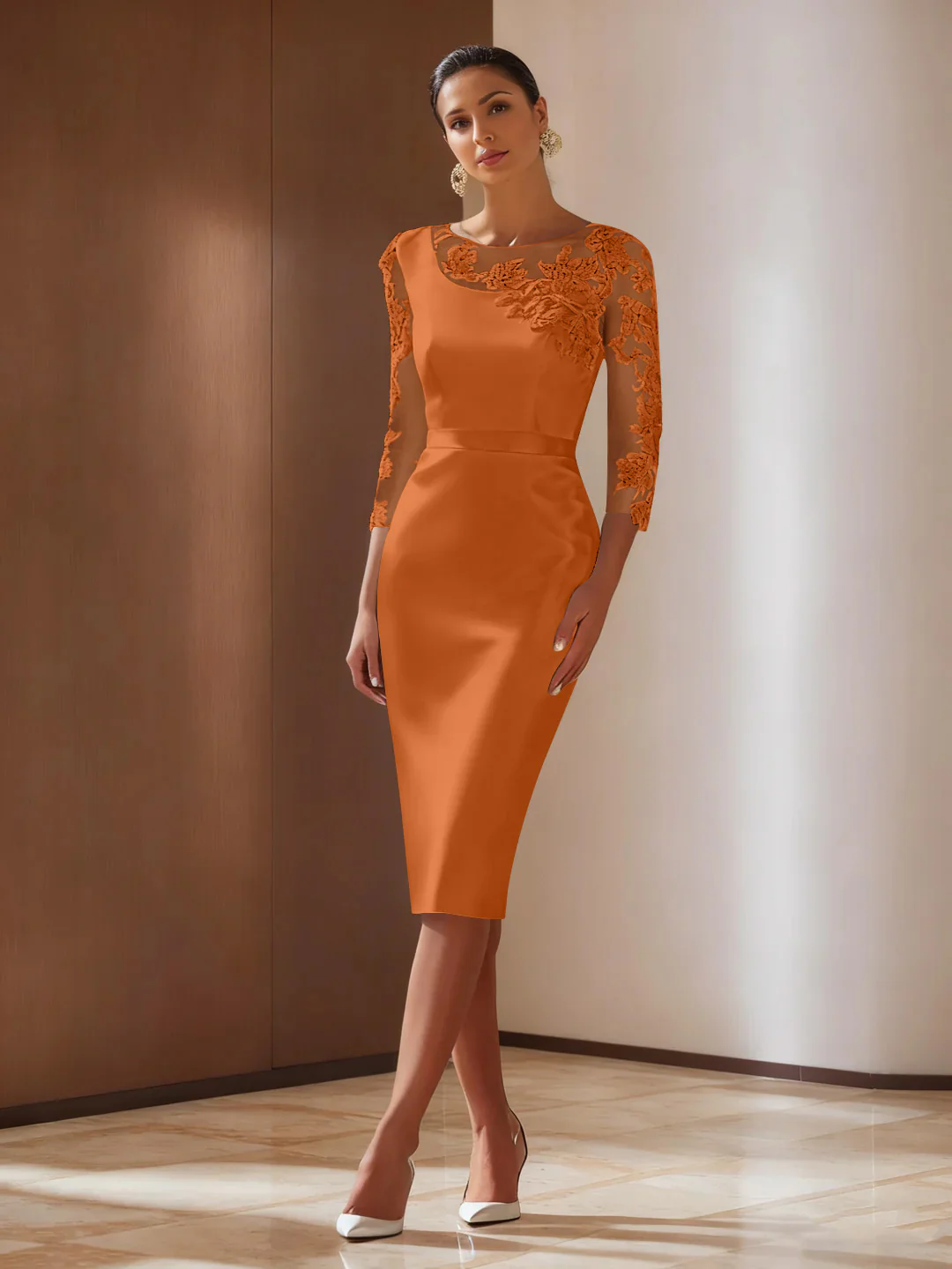 Sheath/Column 3/4 Sleeves Knee-Length Cocktail Dresses Appliqued Scoop - Image 35