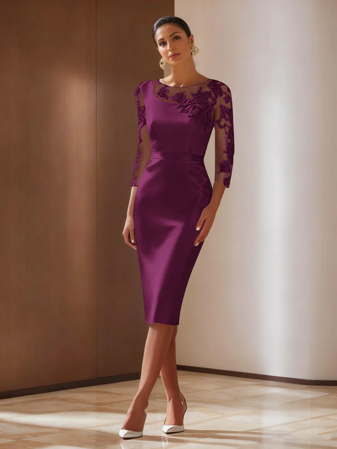 Sheath/Column 3/4 Sleeves Knee-Length Cocktail Dresses Appliqued Scoop - Image 36