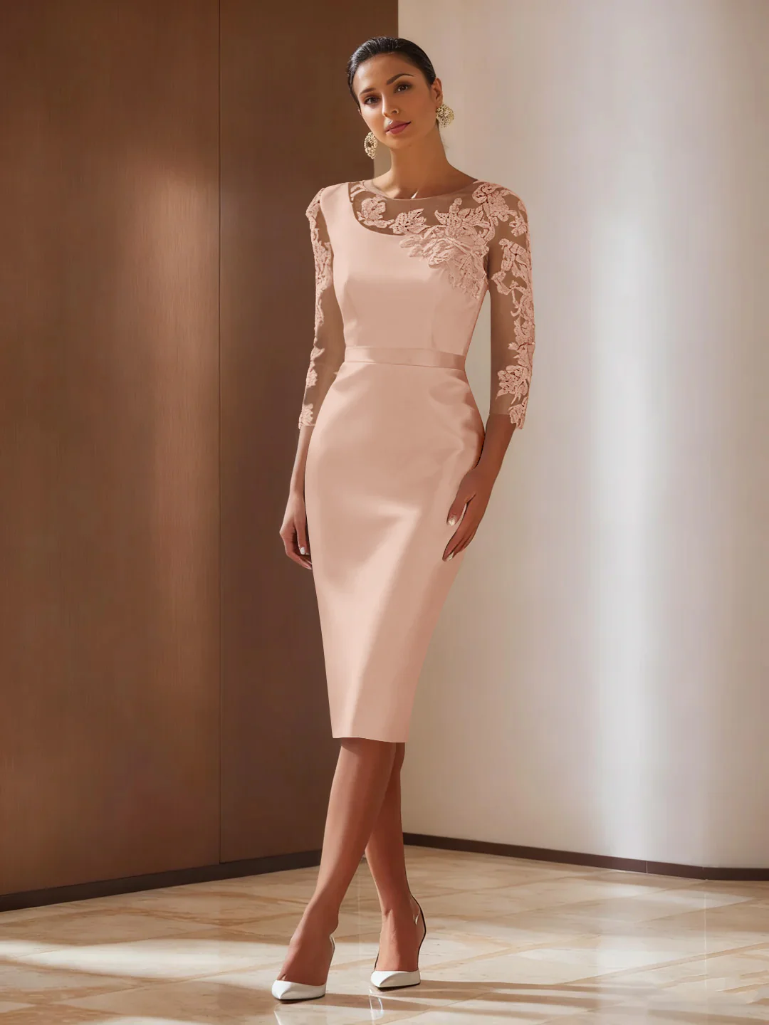 Sheath/Column 3/4 Sleeves Knee-Length Cocktail Dresses Appliqued Scoop - Image 38