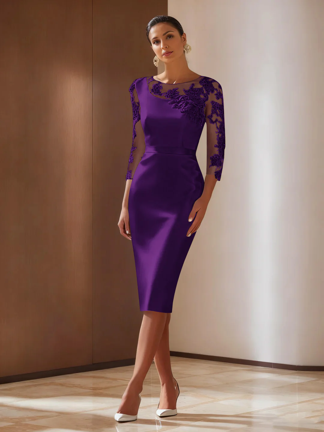 Sheath/Column 3/4 Sleeves Knee-Length Cocktail Dresses Appliqued Scoop - Image 40