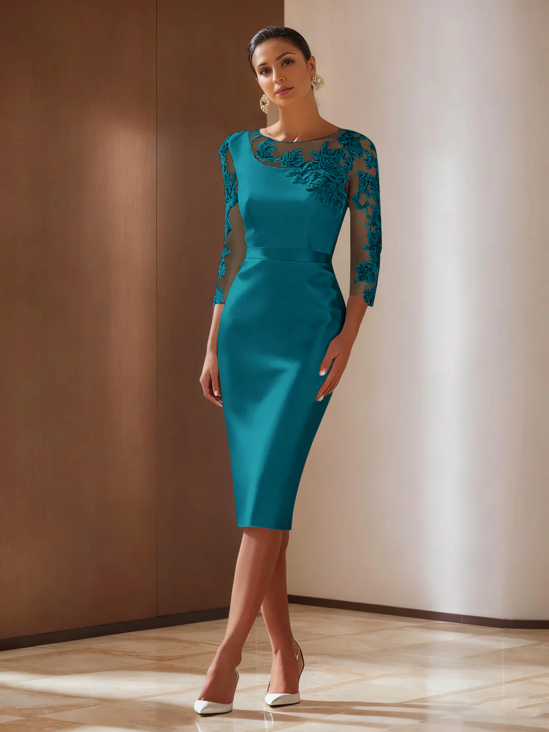 Sheath/Column 3/4 Sleeves Knee-Length Cocktail Dresses Appliqued Scoop - Image 41