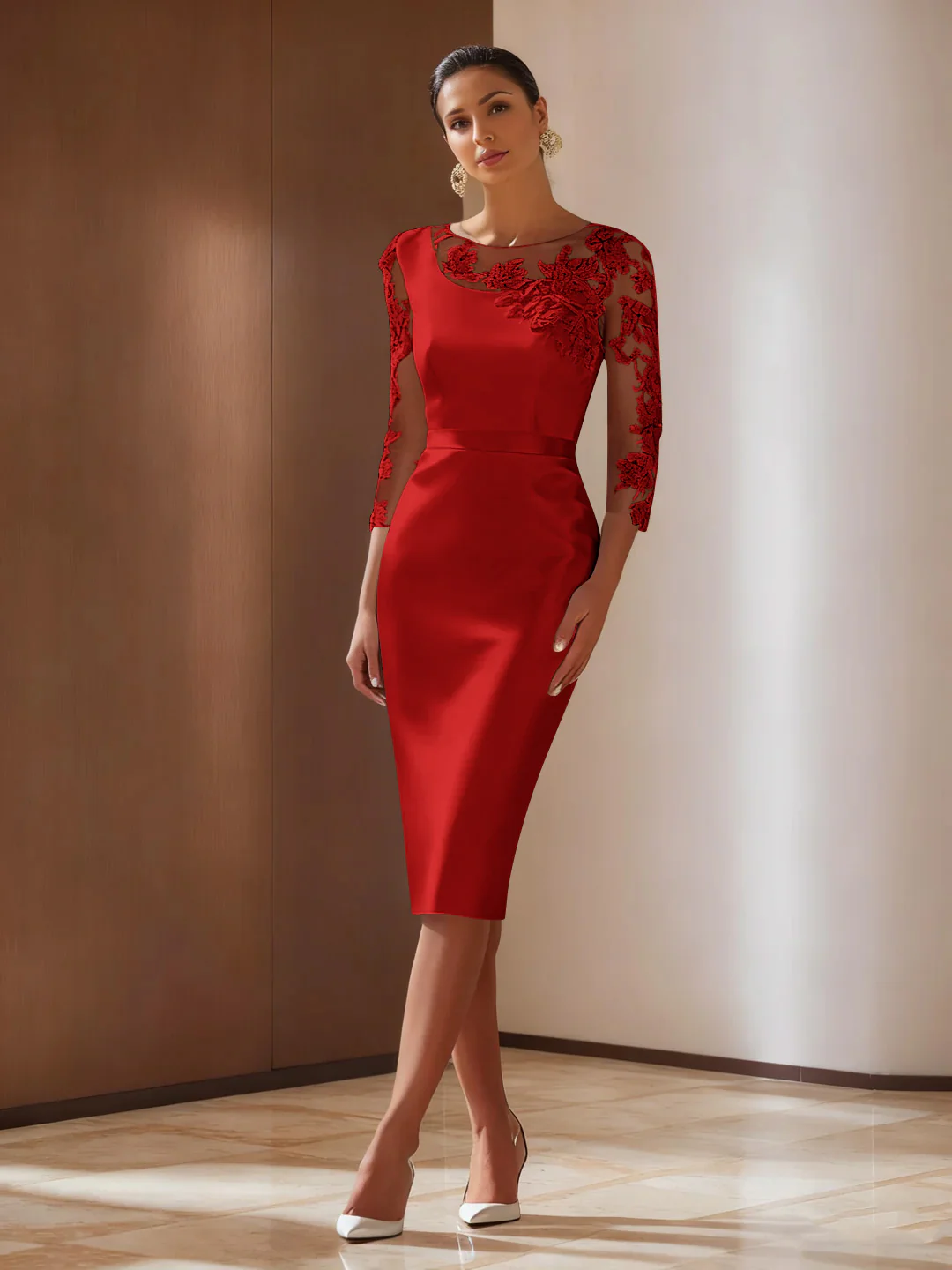 Sheath/Column 3/4 Sleeves Knee-Length Cocktail Dresses Appliqued Scoop - Image 42