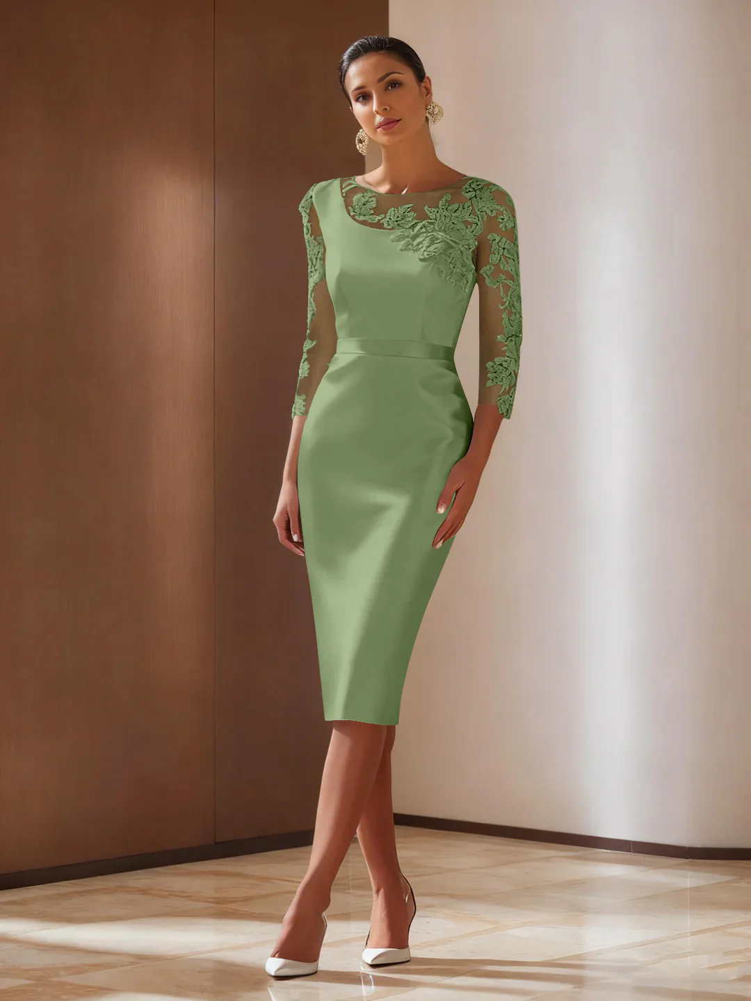 Sheath/Column 3/4 Sleeves Knee-Length Cocktail Dresses Appliqued Scoop - Image 45