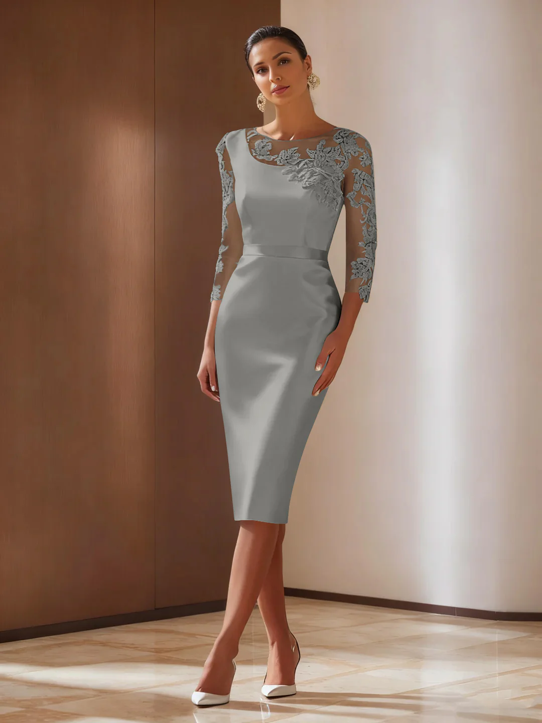 Sheath/Column 3/4 Sleeves Knee-Length Cocktail Dresses Appliqued Scoop - Image 46