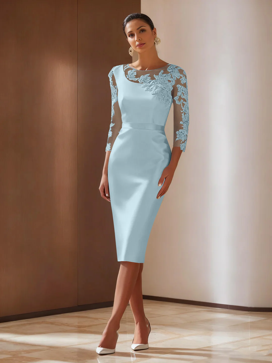 Sheath/Column 3/4 Sleeves Knee-Length Cocktail Dresses Appliqued Scoop - Image 47