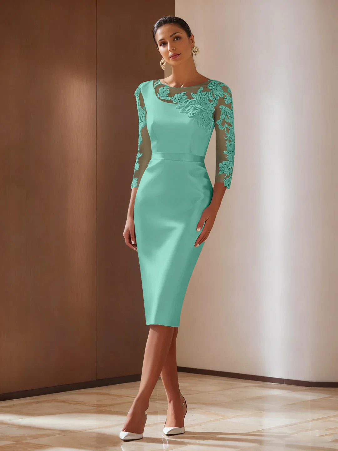 Sheath/Column 3/4 Sleeves Knee-Length Cocktail Dresses Appliqued Scoop - Image 48