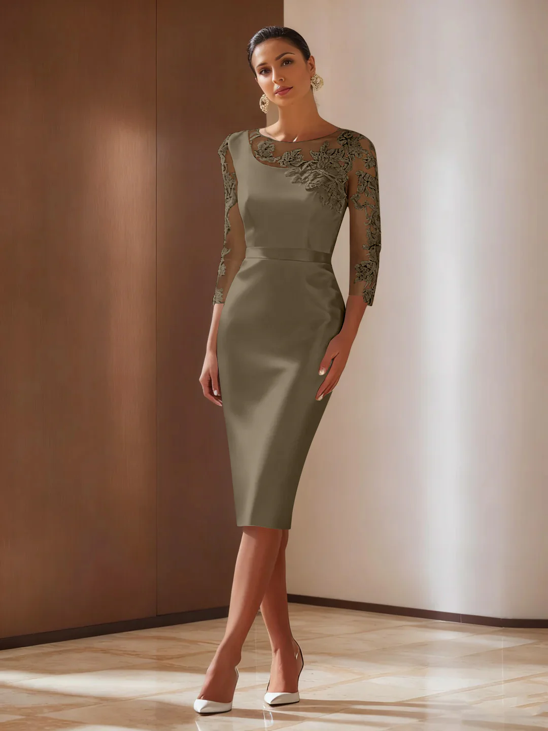 Sheath/Column 3/4 Sleeves Knee-Length Cocktail Dresses Appliqued Scoop - Image 51