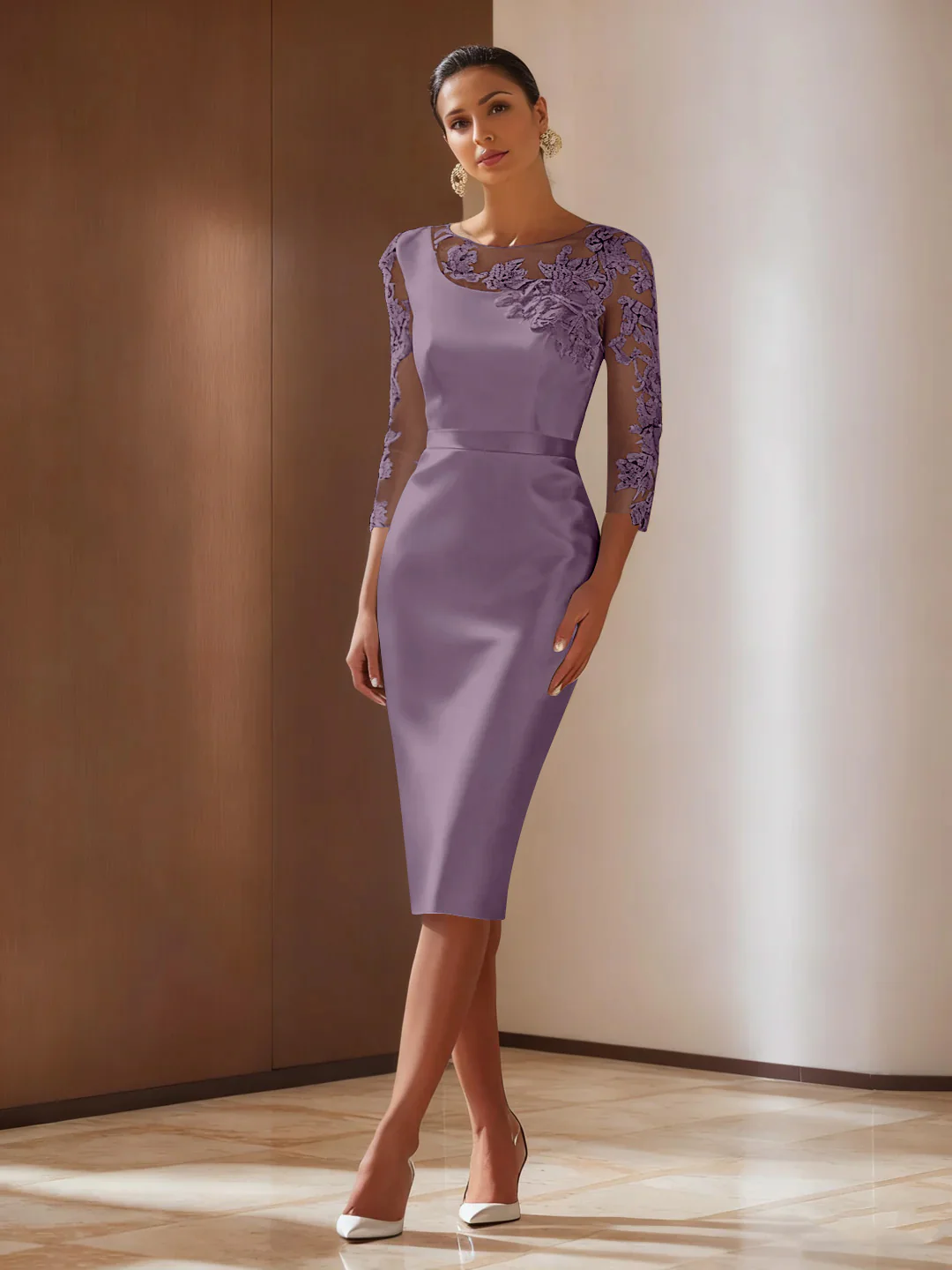 Sheath/Column 3/4 Sleeves Knee-Length Cocktail Dresses Appliqued Scoop - Image 55