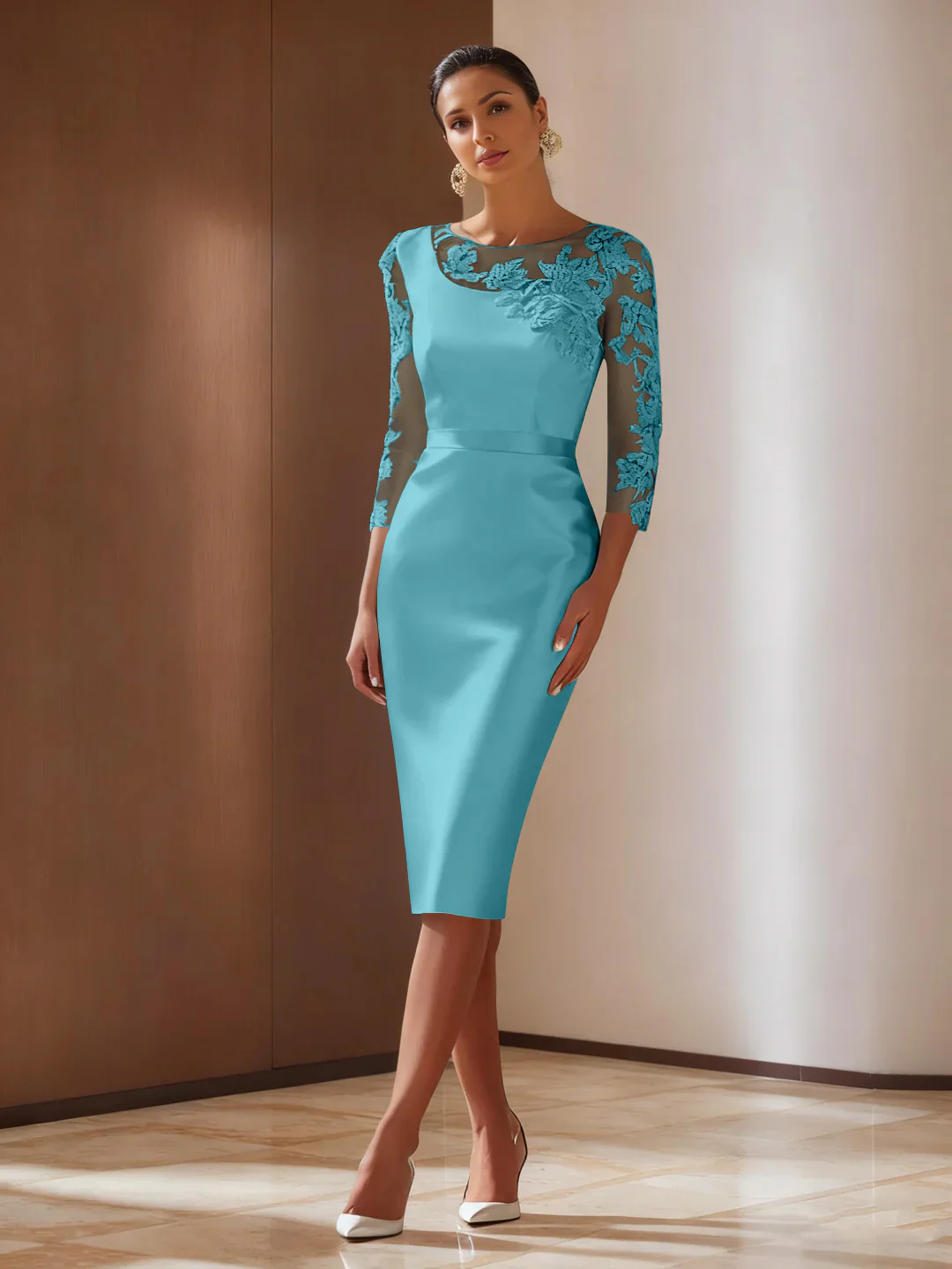 Sheath/Column 3/4 Sleeves Knee-Length Cocktail Dresses Appliqued Scoop - Image 57