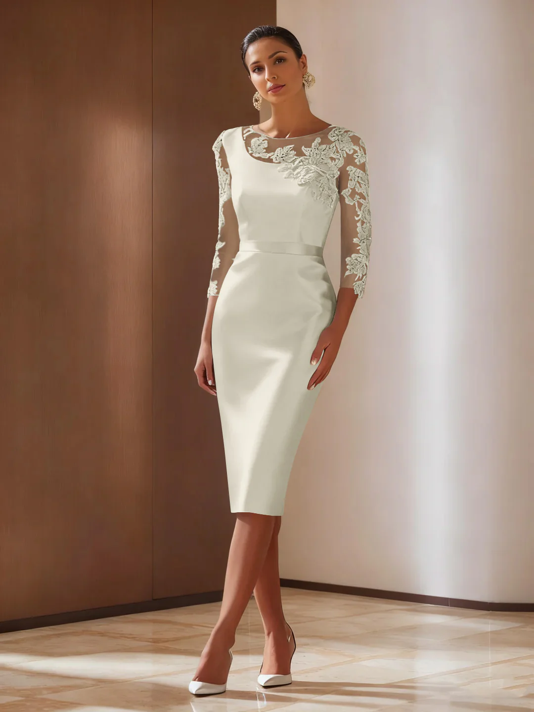 Sheath/Column 3/4 Sleeves Knee-Length Cocktail Dresses Appliqued Scoop - Image 58