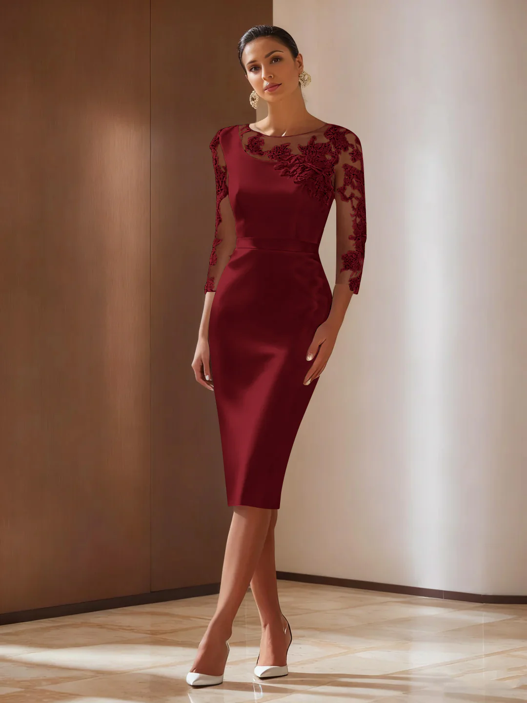 Sheath/Column 3/4 Sleeves Knee-Length Cocktail Dresses Appliqued Scoop - Image 6
