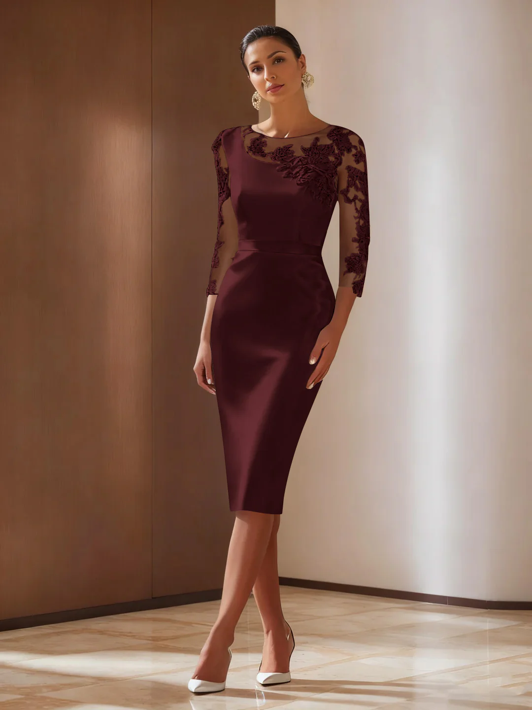 Sheath/Column 3/4 Sleeves Knee-Length Cocktail Dresses Appliqued Scoop - Image 7