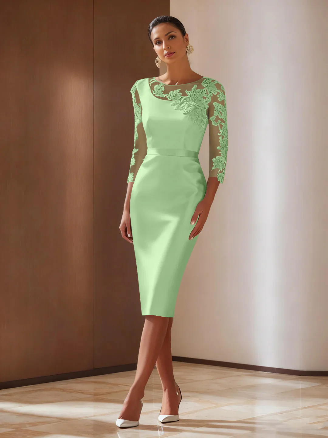 Sheath/Column 3/4 Sleeves Knee-Length Cocktail Dresses Appliqued Scoop - Image 9