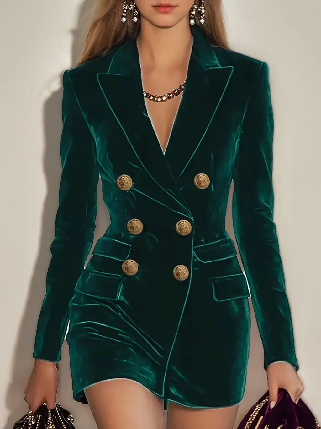 Sheath/Column Blazer-style V-Neck with Peaked Lapel Long Sleeves Short/Mini Evening Dresses with Buttons & Pockets