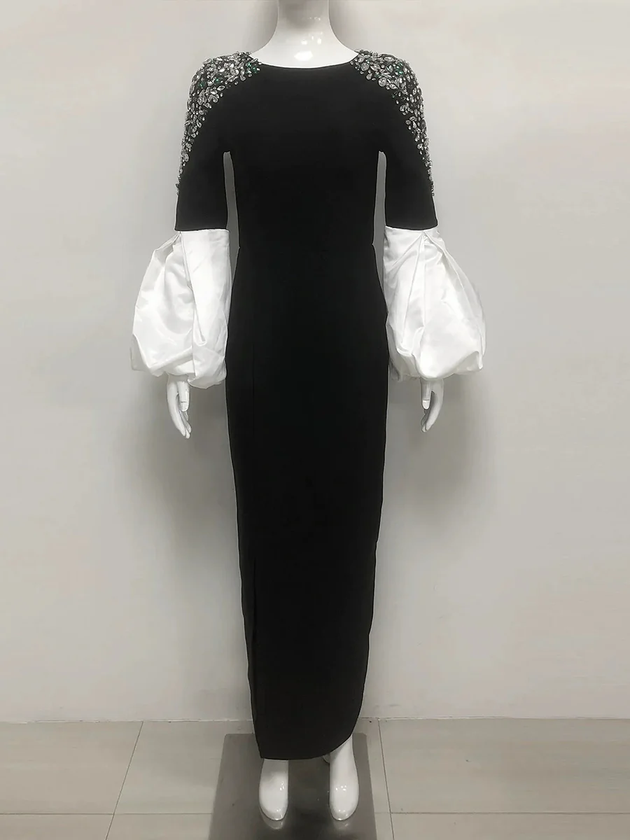 Sheath/Column Boat Neck Long Sleeves Elegant Evening Dresses with Rhinestones & Ruffles - Image 10