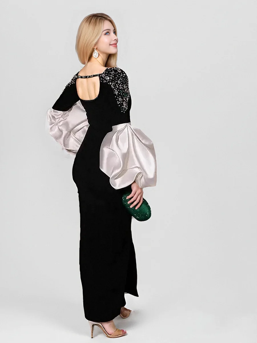 Sheath/Column Boat Neck Long Sleeves Elegant Evening Dresses with Rhinestones & Ruffles - Image 2