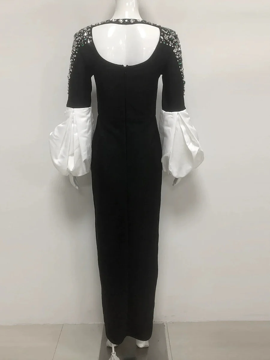Sheath/Column Boat Neck Long Sleeves Elegant Evening Dresses with Rhinestones & Ruffles - Image 3