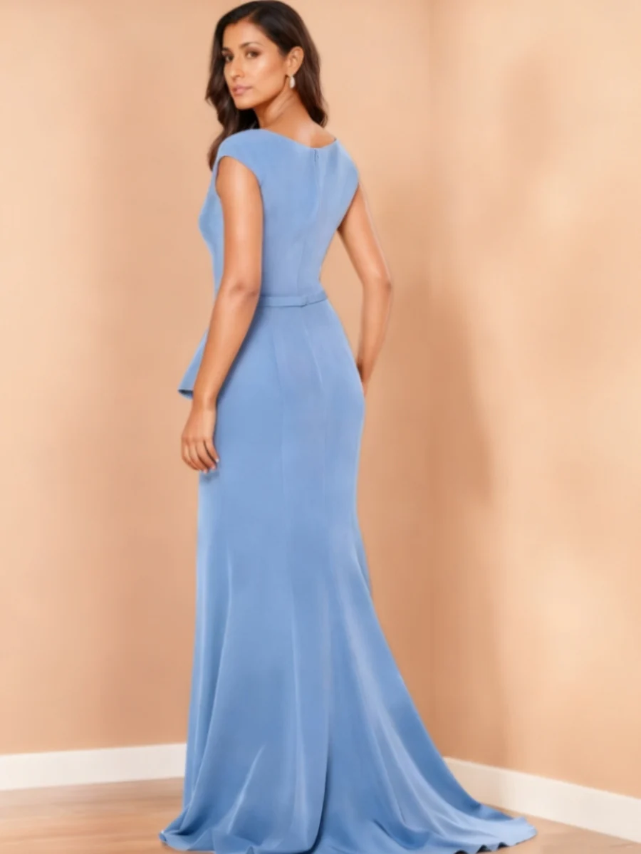 Sheath/Column Cap Sleeves Floor-Length Evening Dresses Pleats Party Dresses with Split Side - Image 2