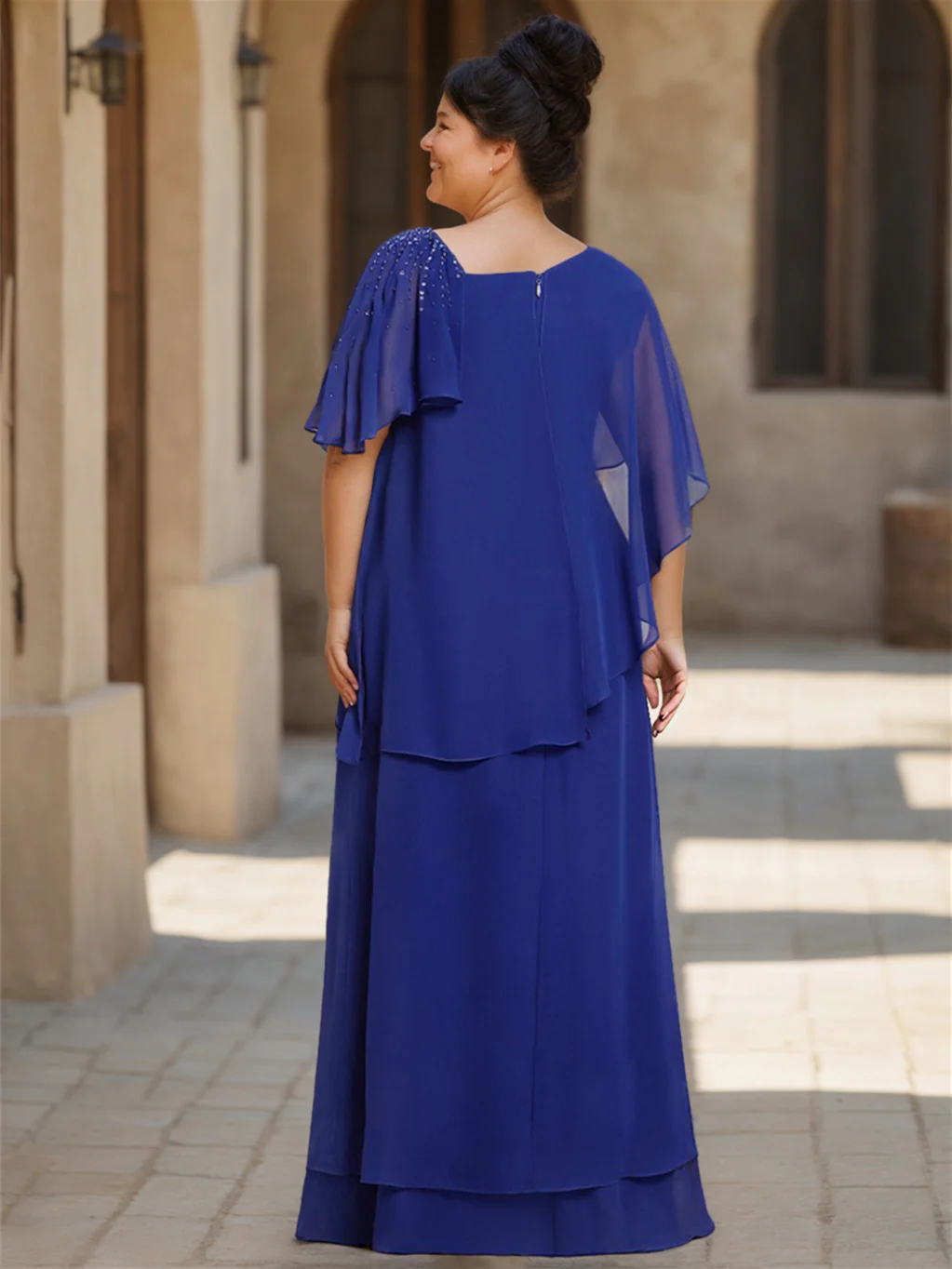 Sheath/Column Chiffon Floor-Length Short Sleeves Asymmetrical Ruffle Mother of the Bride Dresses - Image 4