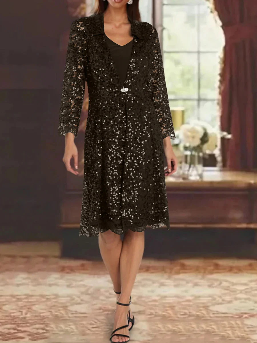 Sheath/Column Chiffon V-Neck Mother of the Bride Dresses with Sequins Jacket Knee-Length Long Sleeves - Image 18