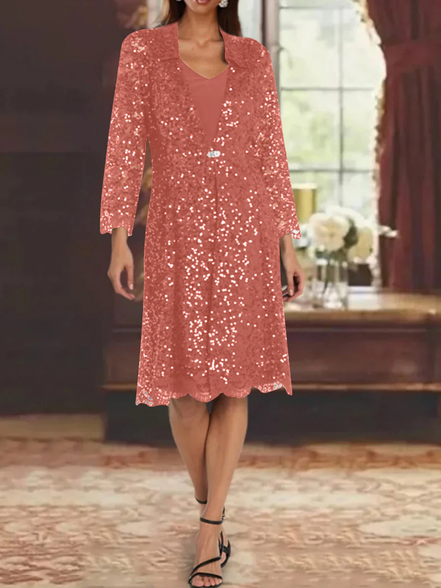 Sheath/Column Chiffon V-Neck Mother of the Bride Dresses with Sequins Jacket Knee-Length Long Sleeves - Image 19