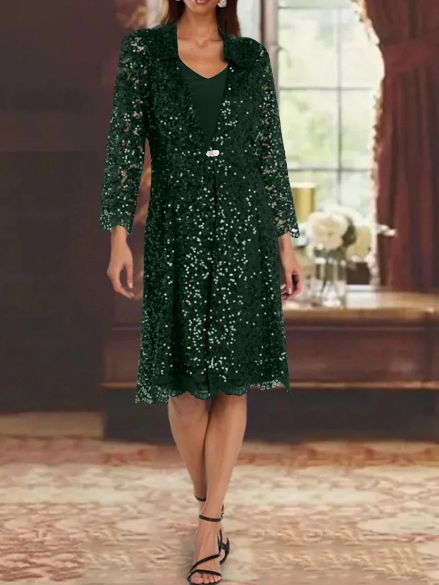 Sheath/Column Chiffon V-Neck Mother of the Bride Dresses with Sequins Jacket Knee-Length Long Sleeves - Image 27