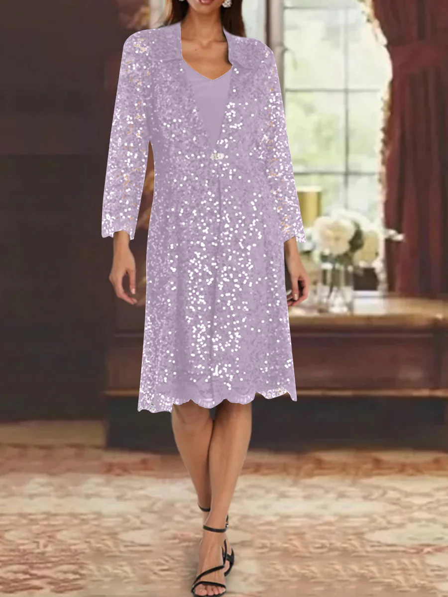 Sheath/Column Chiffon V-Neck Mother of the Bride Dresses with Sequins Jacket Knee-Length Long Sleeves - Image 32