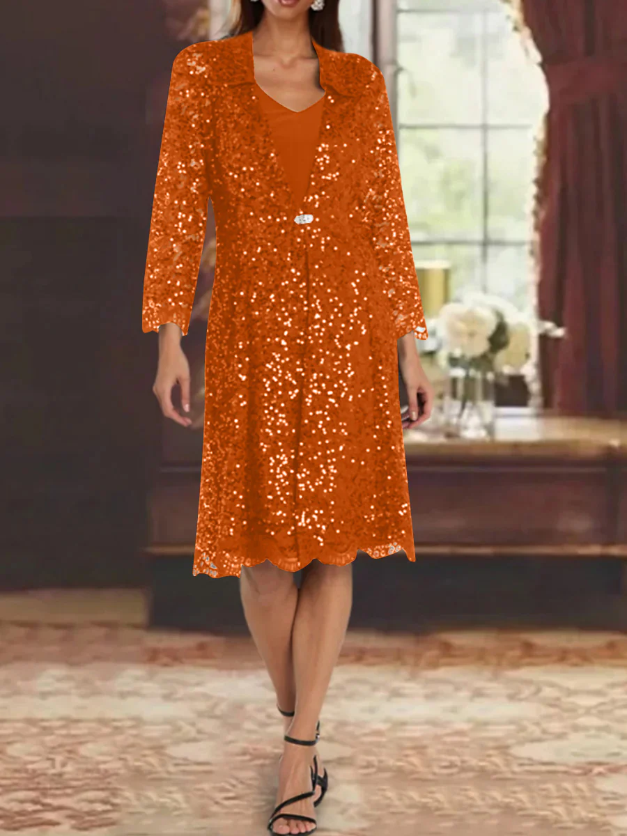 Sheath/Column Chiffon V-Neck Mother of the Bride Dresses with Sequins Jacket Knee-Length Long Sleeves - Image 36