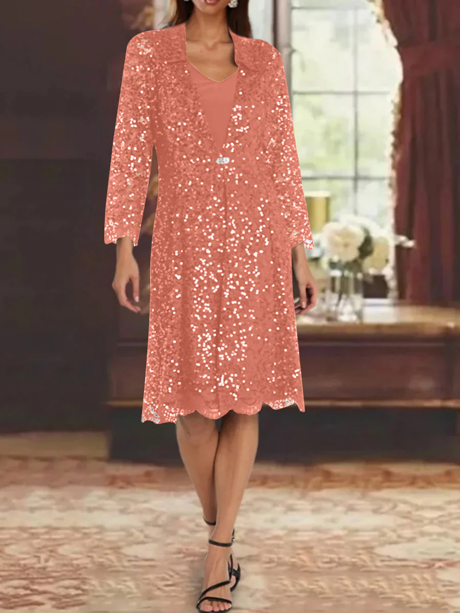 Sheath/Column Chiffon V-Neck Mother of the Bride Dresses with Sequins Jacket Knee-Length Long Sleeves - Image 50