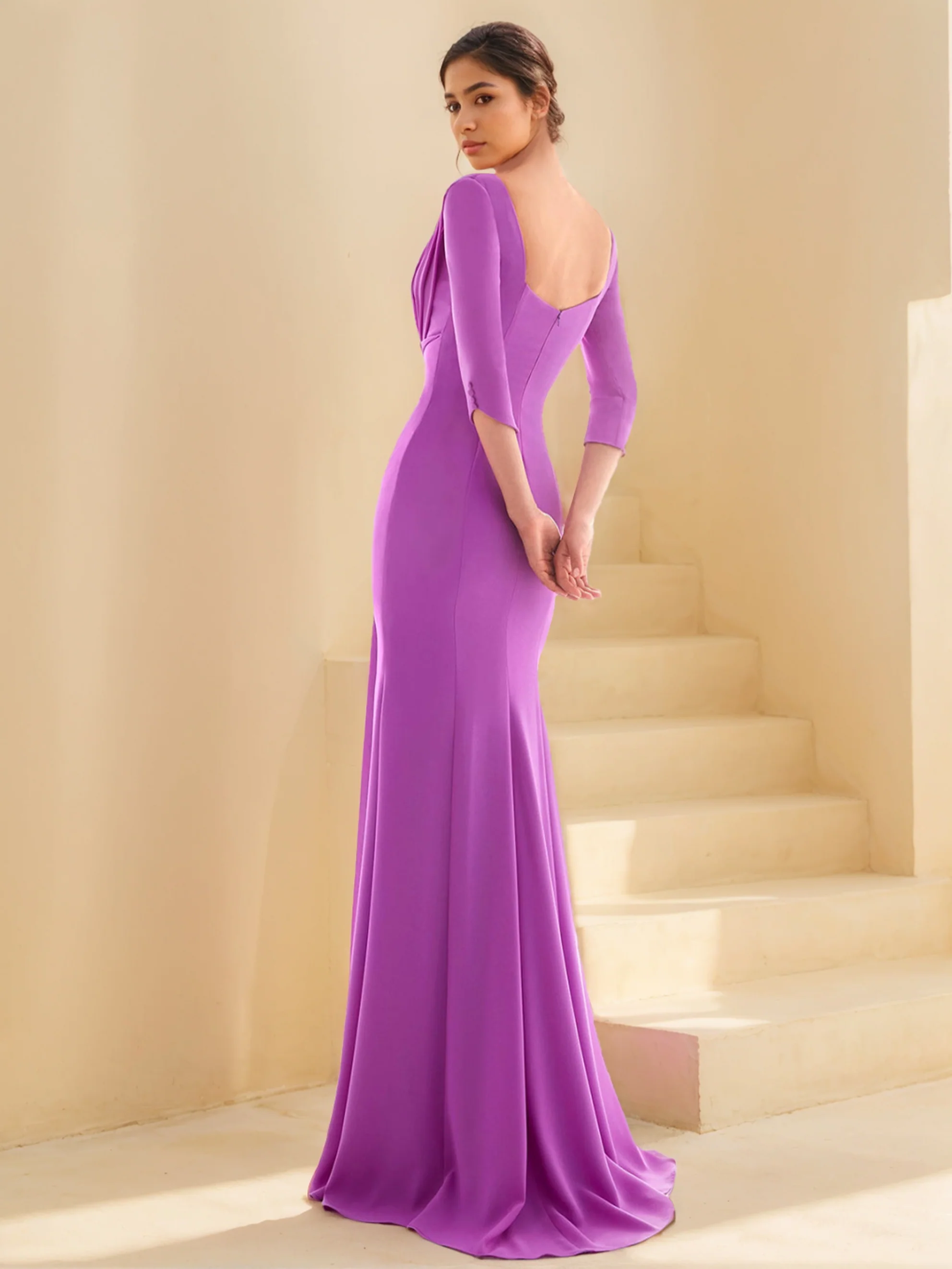 Sheath/Column Evening Dresses Closed neck 3/4 Length Sleeves Floor-length Prom Party Dress With Ruffles - Image 2