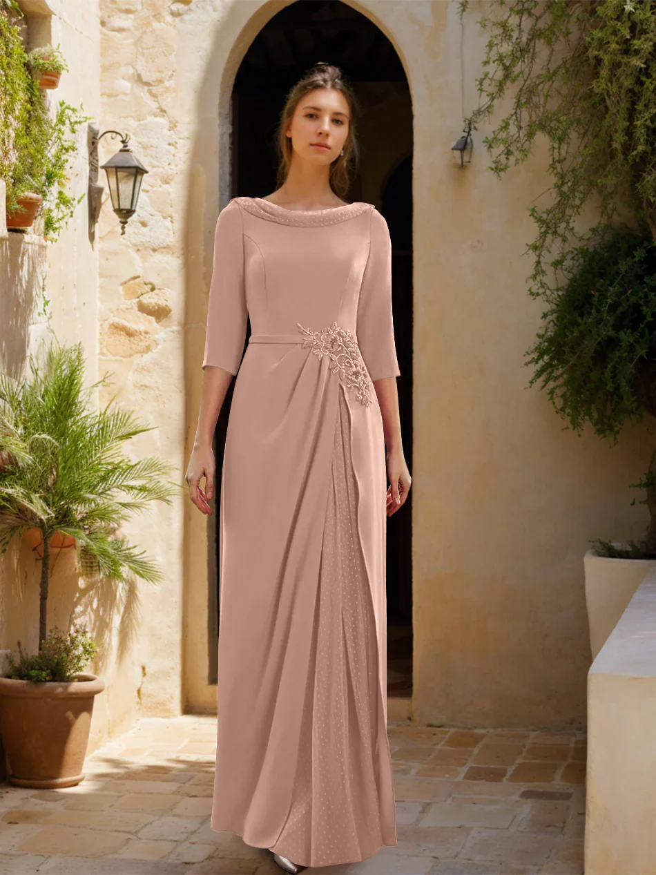 Sheath/Column Cowl Neck 3/4 Sleeves Floor-Length Mother of the Bride Dresses with Tulle & Sash & Slit & Jewel Appliques - Image 15