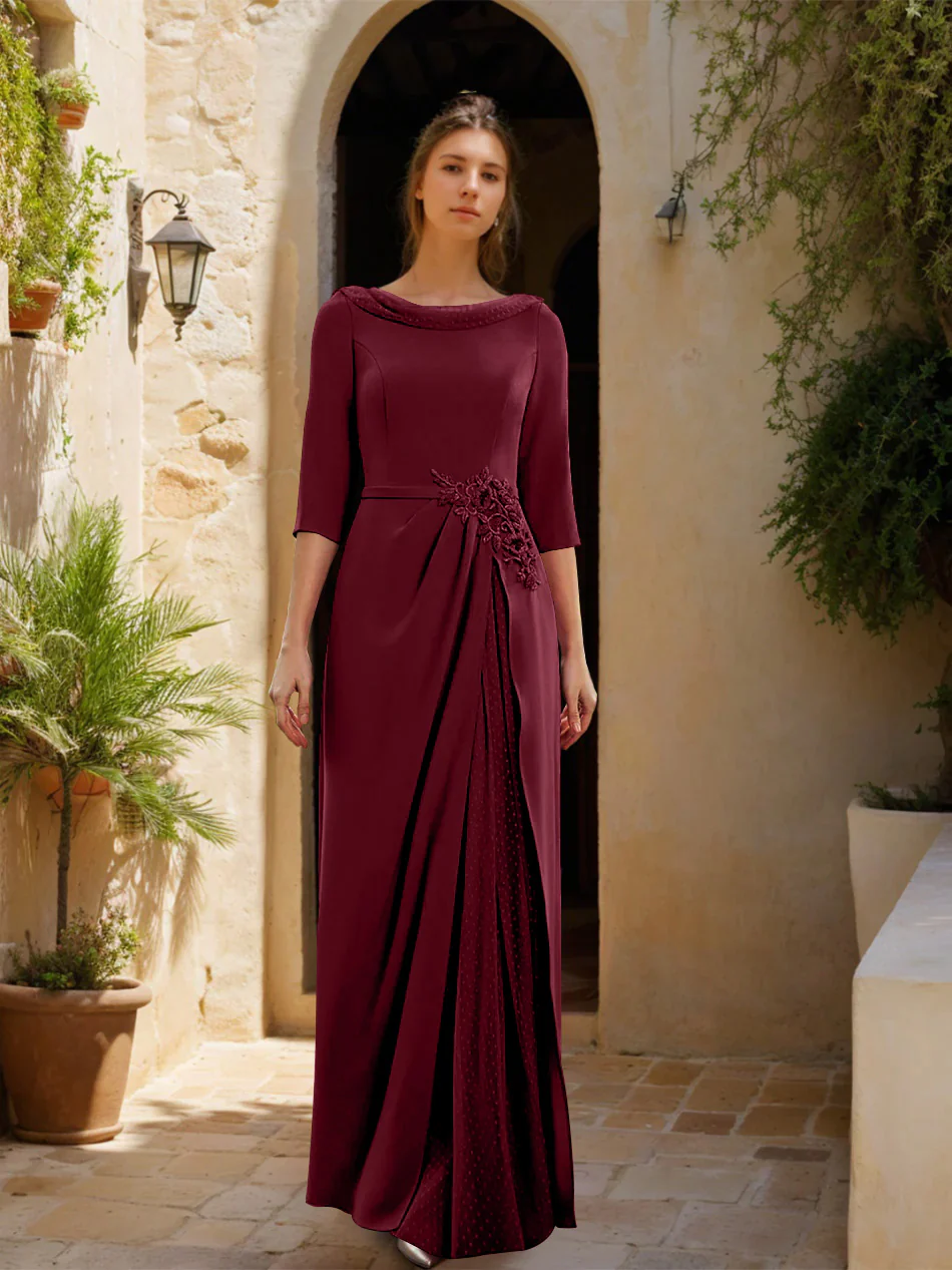Sheath/Column Cowl Neck 3/4 Sleeves Floor-Length Mother of the Bride Dresses with Tulle & Sash & Slit & Jewel Appliques - Image 25